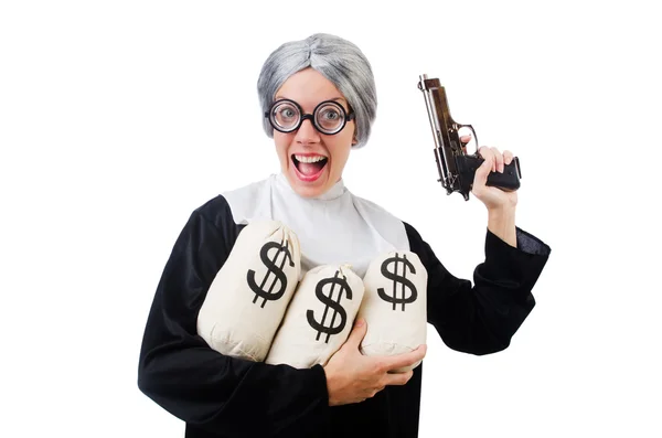 Comic-Nonne mit Geldsäcken — Stockfoto