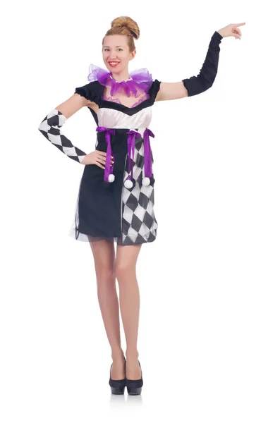 A girl in harlequin costume isolated on white — Stock Photo, Image