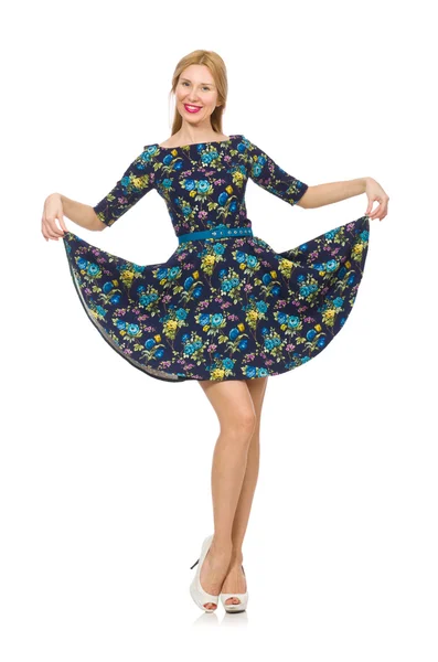 Kvinna i mörk blå blommig klänning — Stockfoto