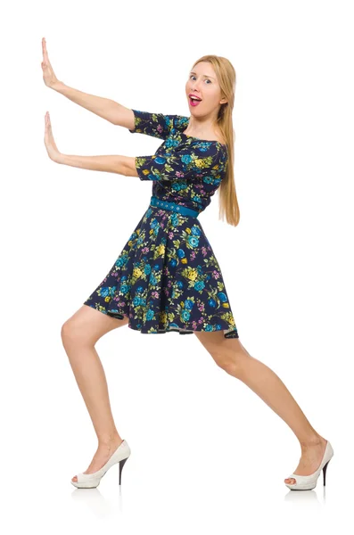 डार्क ब्लू फूल पोशाक में महिला — स्टॉक फ़ोटो, इमेज