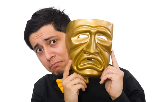 Hombre joven con máscara veneciana dorada aislada en blanco —  Fotos de Stock