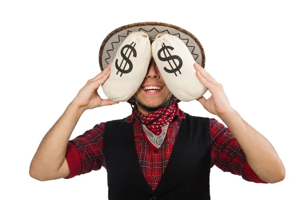 Young cowboy with money bags isolated on white — Stock Photo, Image