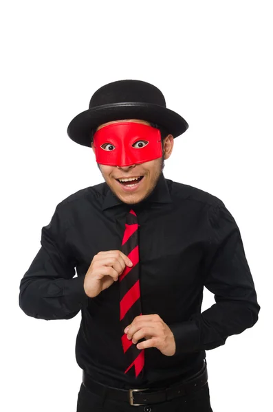 Junger Mann mit roter Maske isoliert auf weißem Grund — Stockfoto