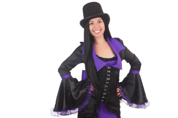 白で隔離された黒と紫のドレスの女性 — ストック写真