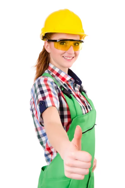 Female handyman in overalls isolated on white — Stock Photo, Image