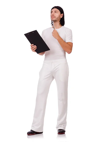 En mann i hvitt sportstøy isolert på hvitt – stockfoto