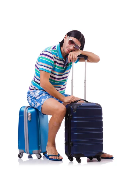 Turista con bolsas aisladas en blanco —  Fotos de Stock