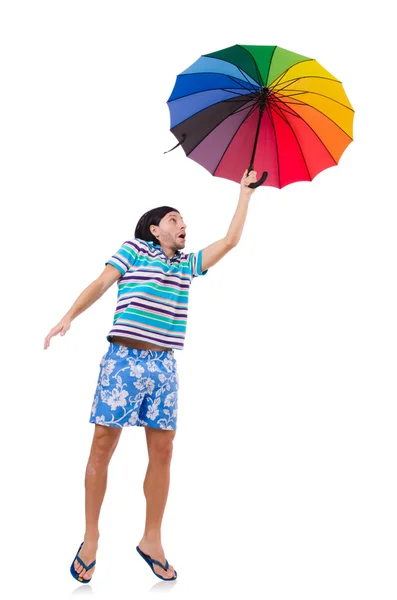 Homme positif avec parapluie coloré isolé sur blanc — Photo