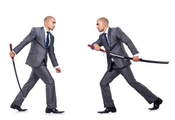 Two men figthing with the sword isolated on white