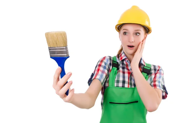 Vicces nő festő építőipari koncepció elszigetelt fehér — Stock Fotó