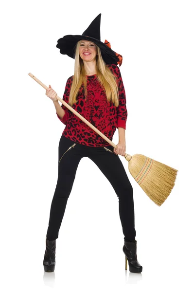 Funny witch with broom isolated on white — Stock Photo, Image