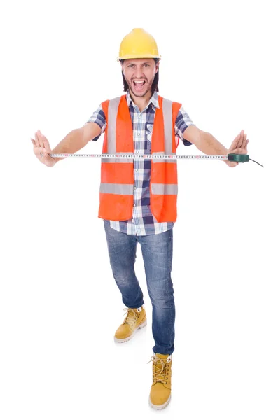 Funny construction worker with tape-line — Stock Photo, Image