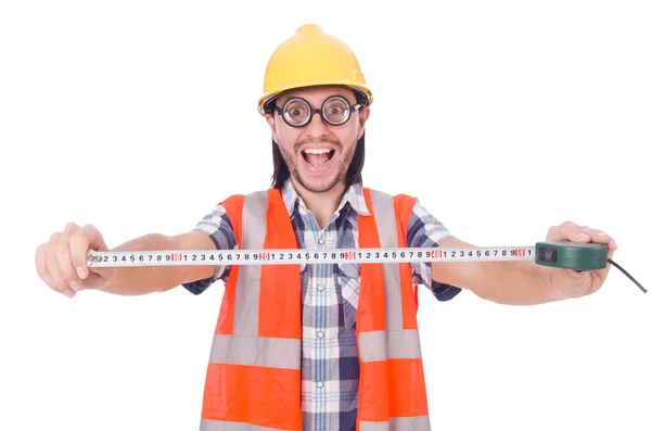 Funny trabajador de la construcción con cinta-line — Foto de Stock