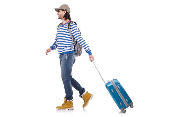 Tourist mit Tasche auf weißem Grund — Stockfoto