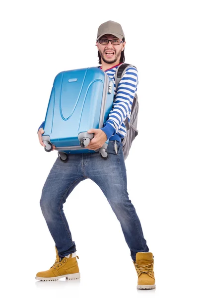 Turista con borsa su bianco — Foto Stock