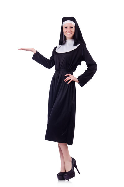 Cheerful posing nun holding