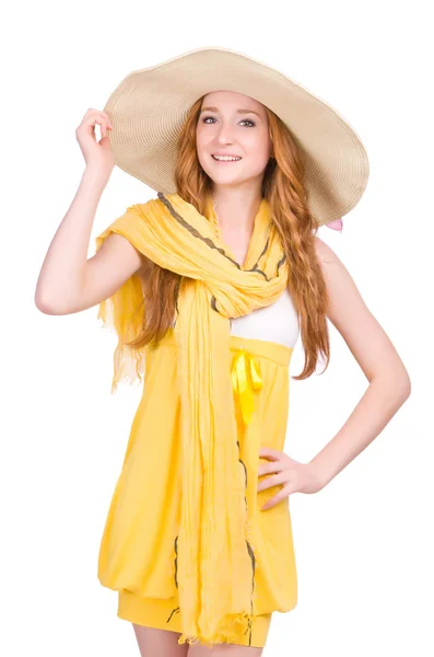 Vrouw in gele zomerjurk — Stockfoto