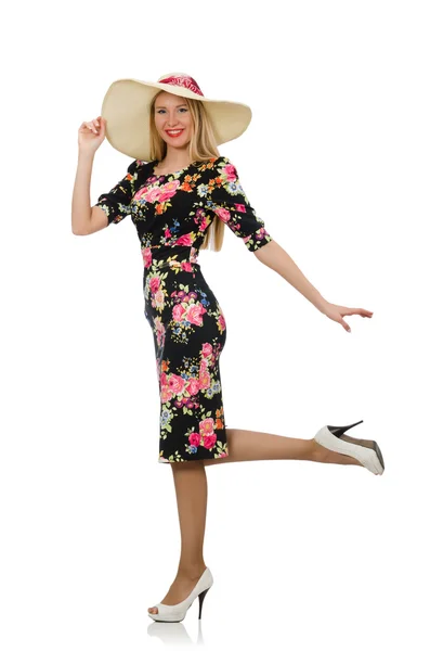 Blondýnka v květinové šaty — Stock fotografie