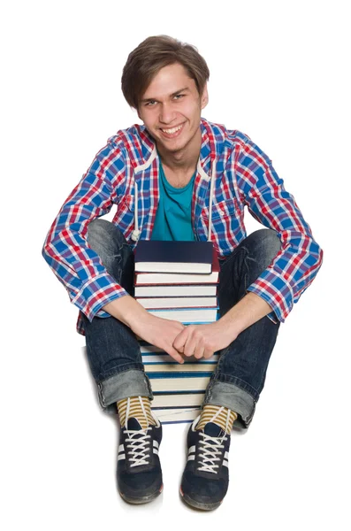 Estudiante divertido con libros aislados en blanco — Foto de Stock