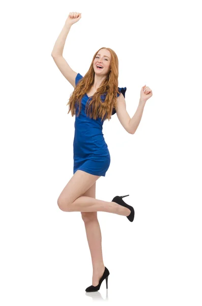 Beautiful lady in dark blue dress isolated on white Stock Photo