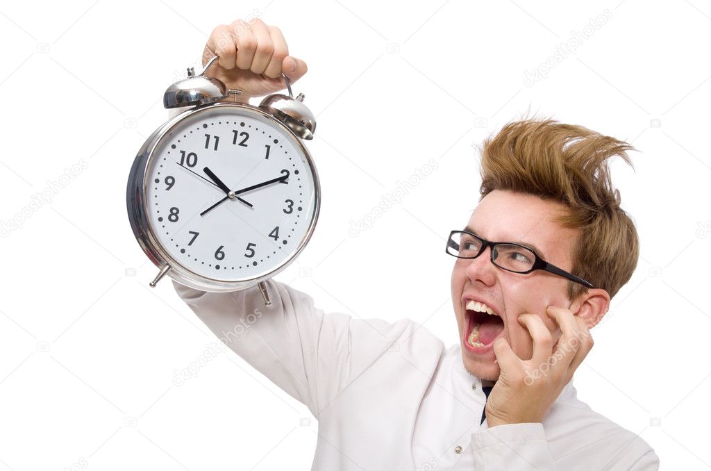 Funny doctor with alarm clock isolated on white