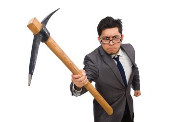 Genç işadamının elinde beyaz bir alet var.