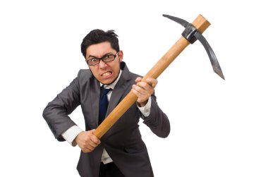 Genç işadamının elinde beyaz bir alet var.