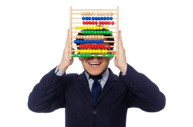 Komik işadamı ile üzerine beyaz izole abacus