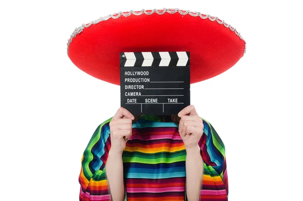 Довольно мексиканская девушка в ярком почо изолирована на белом — стоковое фото