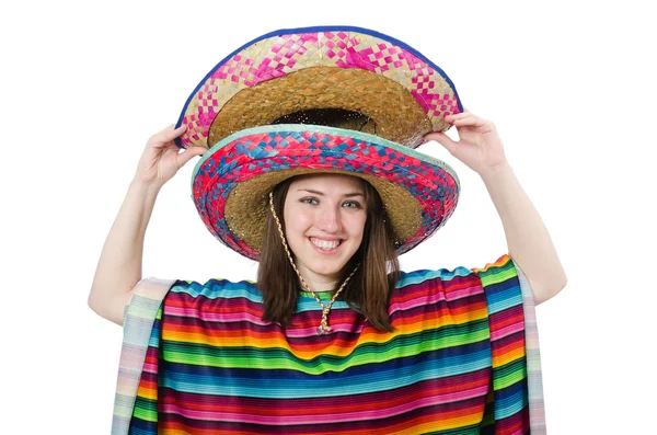 Jolie fille mexicaine en poncho vif isolé sur blanc — Photo