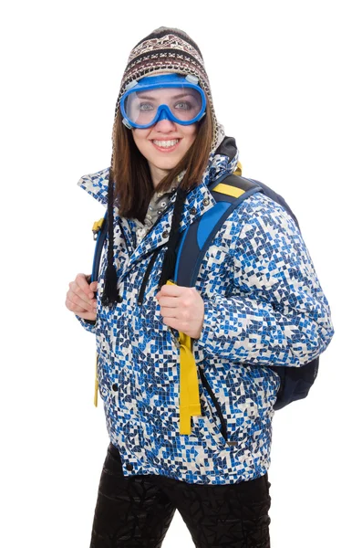 Young optimistic girl with rucksack isolated on white — Stock Photo, Image