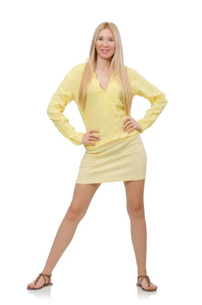 Jolie jeune femme en été vêtements jaunes isolés sur blanc — Photo