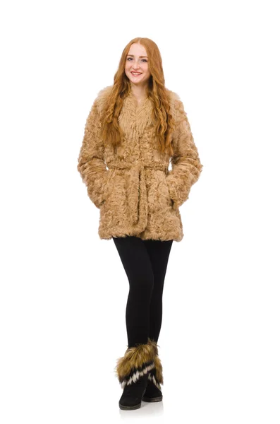 Redhead girl in fur coat — Stock Photo, Image