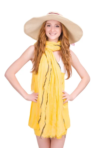 Jeune femme en robe d'été jaune — Photo