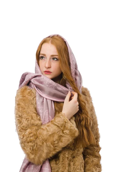 Redhead girl in fur coat — Stock Photo, Image