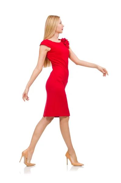 Blond woman in scarlet dress — Stock Photo, Image
