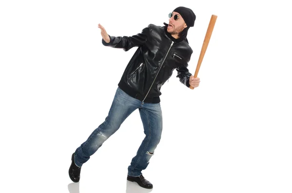 Hombre agresivo con bate de béisbol en blanco — Foto de Stock