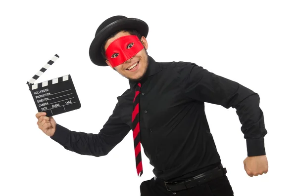 Jeune homme avec masque rouge isolé sur blanc — Photo