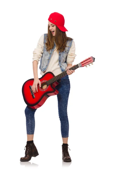 Fiatal mosolygós lány gitár elszigetelt fehér — Stock Fotó