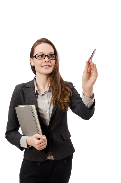 Werkster met papier geïsoleerd op wit — Stockfoto