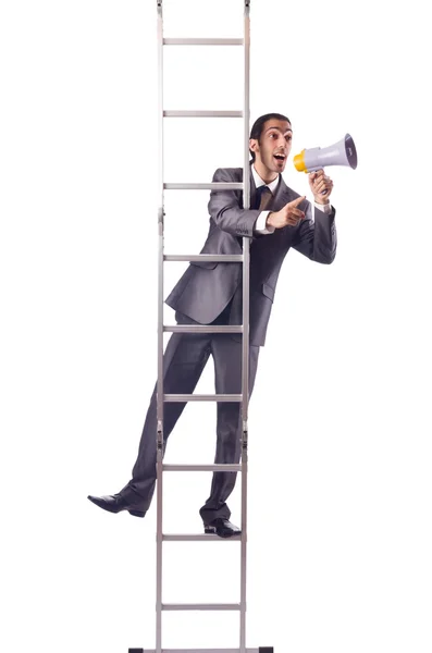 Zakenman klimmend op de ladder geïsoleerd op wit — Stockfoto