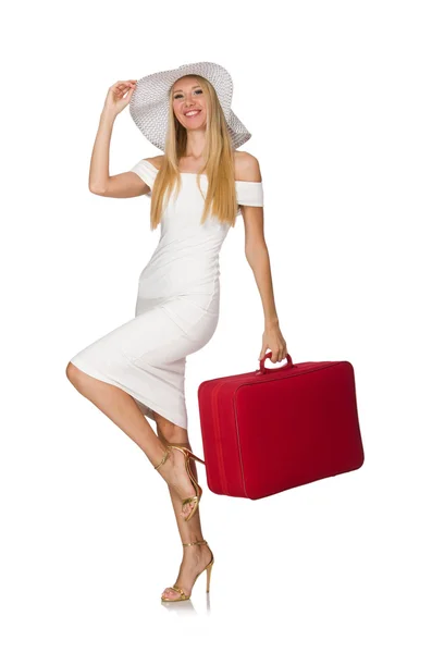 Kobieta z czerwoną walizką odizolowana na białym — Zdjęcie stockowe