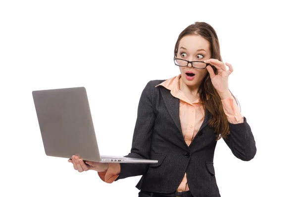 Senhora de trabalho com laptop isolado no branco — Fotografia de Stock