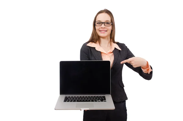 Senhora de trabalho com laptop isolado no branco — Fotografia de Stock