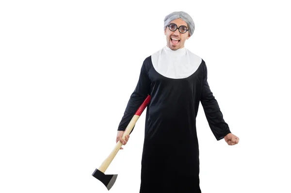 Young man wearing as nun isolated on white — Stock Photo, Image