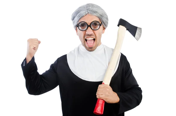 Young man wearing as nun isolated on white — Stock Photo, Image