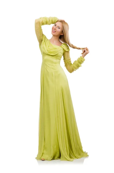 Chica bonita en vestido verde elegante aislado en blanco — Foto de Stock