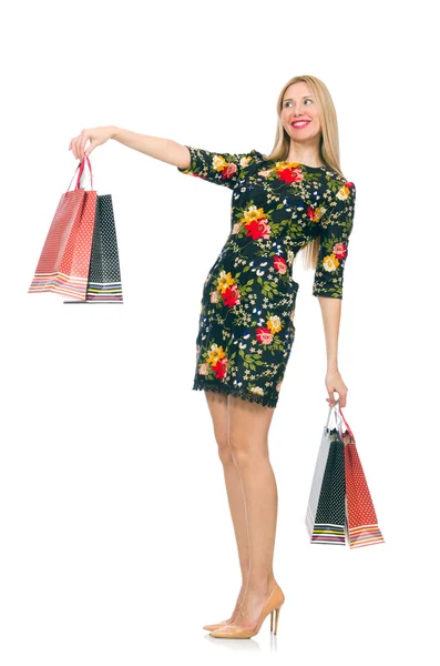 Frau in dunkelgrünem Blumenkleid — Stockfoto