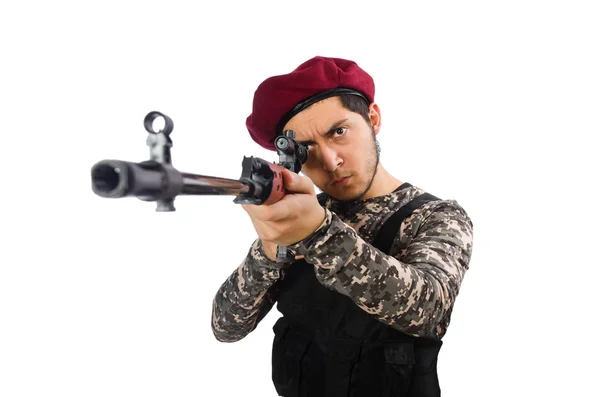 Soldat med ett vapen isolerat på vitt — Stockfoto