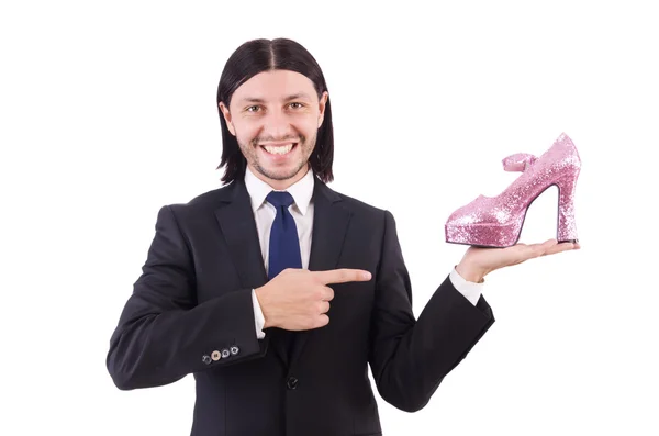 Homem com sapatos de mulher isolado no branco — Fotografia de Stock